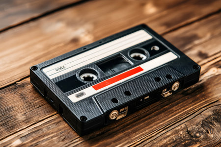 Black audio cassette tape lying on a wooden table, evoking nostalgia for retro music and vintage technologyの素材