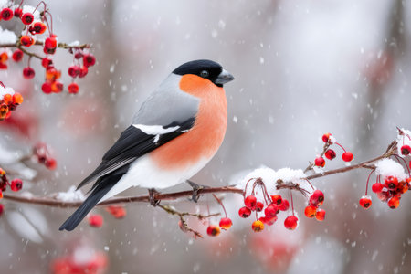 Beautiful Eurasian bullfinch perched on a snowy branch with red berries, enjoying a winter dayの素材