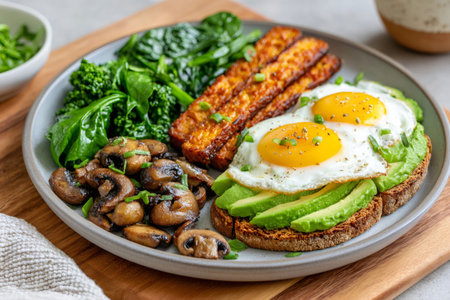 Enjoying a nutritious and colorful breakfast with fried eggs, avocado toast, sautÃ©ed mushrooms, and fresh spinachの素材