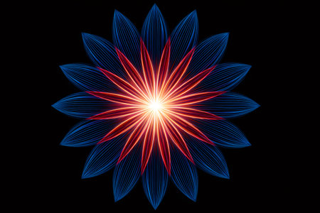 Symmetrical starburst design with blue and red lines on a black backgroundの素材
