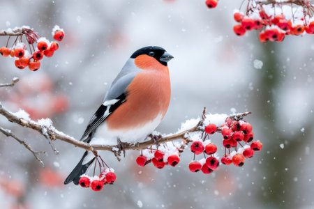 Beautiful Eurasian bullfinch perched on a snowy branch with red berries during winter snowfallの素材
