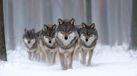 Four gray wolves walking in the snow in a misty forestの素材