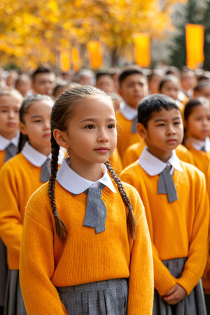 Group of elementary school students wearing orange sweaters and gray skirts or pants standing together outdoorsの素材