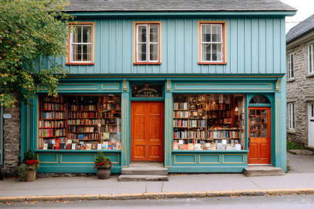 Bookshop with large windows displaying books and inviting customers to enter and explore the world of literatureの素材