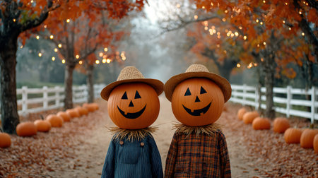 Two scarecrows with pumpkin heads wearing straw hats and flannel shirts are standing in a pumpkin patch with string lights in the backgroundの素材