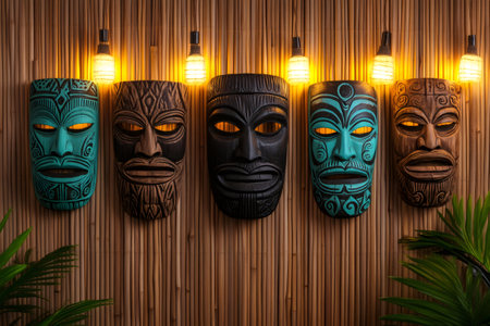 Five colorful tiki masks hang on a bamboo wall, illuminated by lights from above, creating a tropical and exotic atmosphereの素材