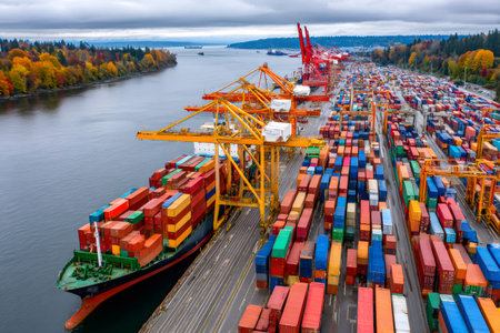 Large container ship being loaded with cargo at a busy commercial port, surrounded by colorful shipping containersの素材