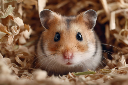 Close up of a Syrian hamster peering out of its bedding, creating a heartwarming scene of pet lifeの素材