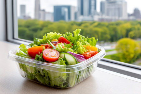 Healthy mixed salad in a transparent plastic container on a table by the window, overlooking Central Park in New York Cityの素材