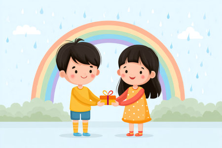 Two happy children exchanging a gift under a bright rainbow while it's raining, celebrating friendship and kindnessの素材