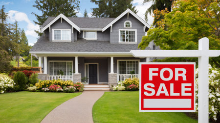 Craftsman style home with landscaped yard and for sale sign is ready for new ownersの素材