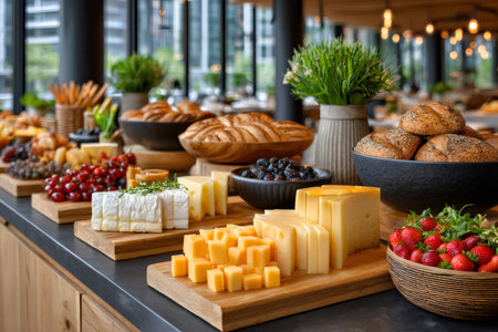 Delicious food, including fresh fruit, cheese, and bread, is displayed on a hotel buffet, offering a variety of choices for breakfast or brunchの素材