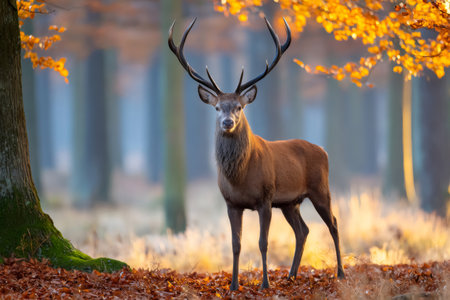Majestic red deer stag with large antlers standing in a colorful autumn forest at sunriseの素材