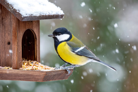 Great tit eating seeds on a wooden bird feeder while it's snowingの素材