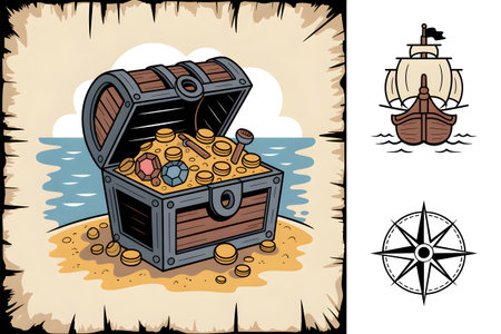 Cartoon illustration of a pirate treasure chest overflowing with gold coins, precious gems, and diamonds on a sandy beach, with a sailing ship and compass roseの素材