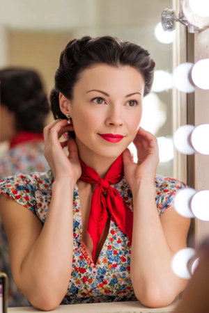 Young woman with red lipstick and a red scarf getting ready for a performance in her dressing room looking at the mirrorの素材