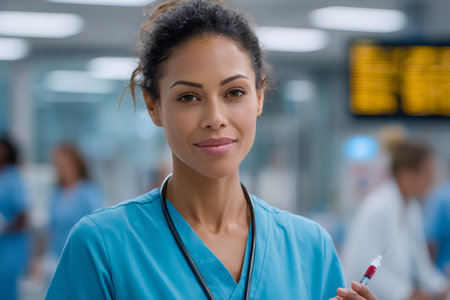 Portrait of a smiling, confident medical professional holding a syringe, ready to administer a vaccine or medication in a bustling hospital environmentの素材