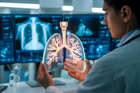 Medical student analyzing holographic lungs in a modern laboratory using advanced technologyの素材