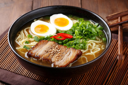 Steaming bowl of ramen soup featuring sliced pork, boiled eggs, fresh green onions, and chili pepper flakes, served on a bamboo matの素材