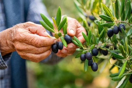 Wrinkled hands of a farmer holding a branch of black olives during harvest seasonの素材