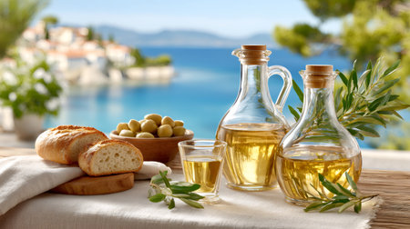 Two bottles and a glass of olive oil served with green olives and bread on a table overlooking the Mediterranean seaの素材