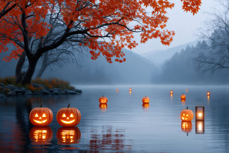 Jack o' lanterns floating on a misty lake at twilight create a spooky and festive Halloween sceneの素材