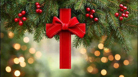 Red christmas cross ornament with red bow hanging from evergreen garland with red berries and bokeh background lightsの素材