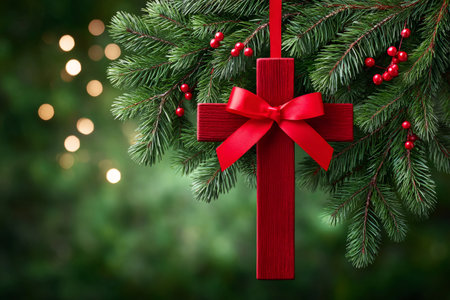 Red wooden cross with red ribbon and berries hanging from christmas tree with blurred lights in background celebrating christian holidayの素材