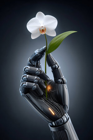 A robotic hand delicately holds a white orchid, symbolizing the intersection of technology and natureの素材