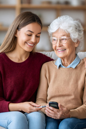 Nurse helping a senior woman checking blood sugar level using glucometer at homeの素材