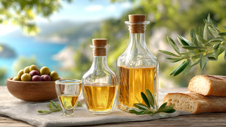 Glass bottles and a small glass of golden olive oil are beautifully arranged on a table with olives, bread, and olive branches, overlooking a picturesque Mediterranean seascapeの素材
