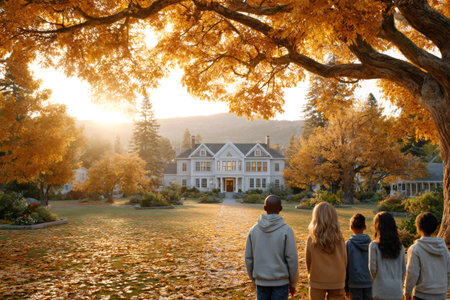 Group of students admiring an elegant house in a beautiful autumn scenery at sunsetの素材