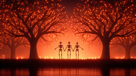 Three skeletons are holding hands in a spooky Halloween landscape with glowing trees and candlesの素材