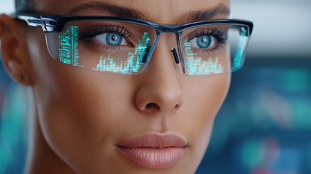 Close up of a businesswoman using augmented reality glasses displaying holographic financial charts, symbolizing innovation in finance and investmentの素材