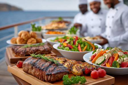 Chefs preparing a buffet of barbecue food including grilled steak, salads, and grilled vegetables on a cruise shipの素材