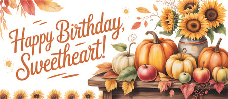 Pumpkins, apples, and sunflowers arranged on a rustic table with autumn leaves create a festive birthday greetingの素材