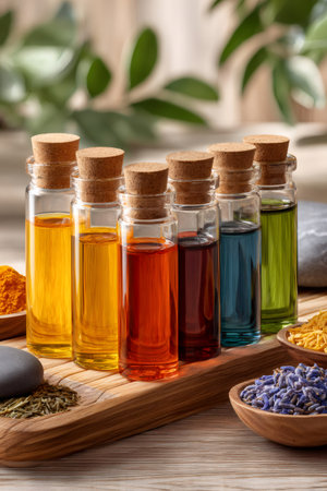 Glass bottles of colorful essential oils are arranged on a wooden tray, accompanied by dried herbs and spices, creating a vibrant and aromatic displayの素材
