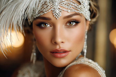 Close up portrait of attractive model wearing flapper headband, feather boa, and glamorous makeup, reminiscent of the roaring twenties eraの素材