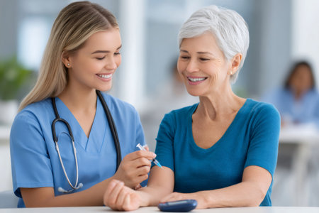 Smiling nurse injecting vaccine to happy senior woman at hospitalの素材