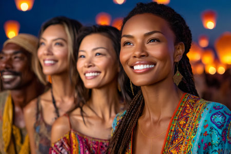 Happy multi ethnic friends smiling and enjoying a magical lantern festival at nightの素材