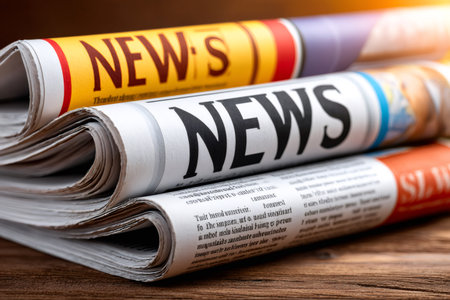 Rolled newspapers with prominent news headlines lying on a wooden table, representing journalism, current events, and daily informationの素材