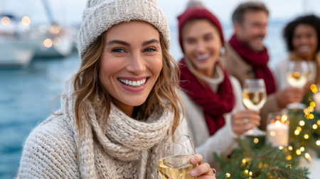 Happy woman wearing winter clothes smiling and drinking white wine at Christmas party with friends on a yachtの素材