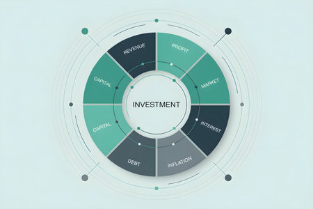 Circular chart representing investment portfolio management, including key financial concepts like capital, revenue, profit, market, interest, debt, and inflationの素材