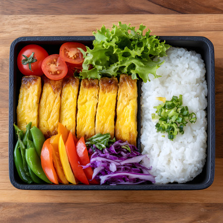 Traditional Japanese bento box featuring tamagoyaki, steamed rice, and a colorful assortment of fresh vegetablesの素材