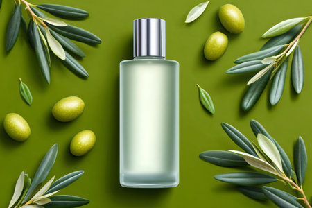 Transparent cosmetic bottle with silver cap, olive branches, and olives on a green background promoting natural skincareの素材