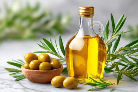 Golden olive oil in a glass bottle is surrounded by fresh olives and olive branches, showcasing the essence of Mediterranean cuisineの素材