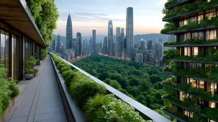 Modern city skyline with green skyscrapers and a beautiful park at dusk, promoting sustainable urban livingの素材