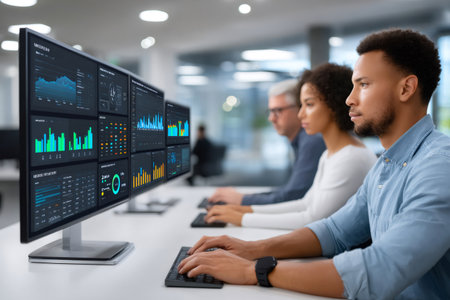 Financial analysts monitoring real time data and charts on computer screens, making investment decisions in a busy office environmentの素材