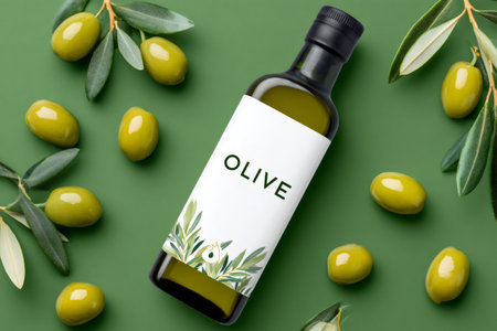 Elegant composition featuring a bottle of olive oil amidst olives and leaves, evoking freshness and natural goodnessの素材
