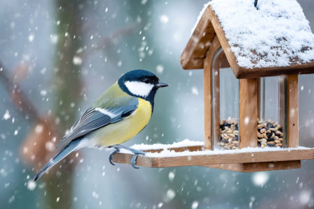 Great tit bird perching on a wooden bird feeder during snowfall, winter seasonの素材